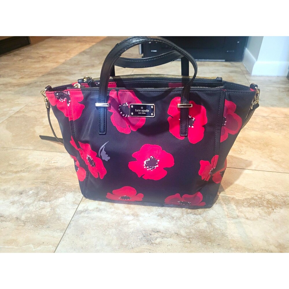 Kate Spade New York Black Red Floral Nylon Satchel Zip Gold HW Lined Pockets
